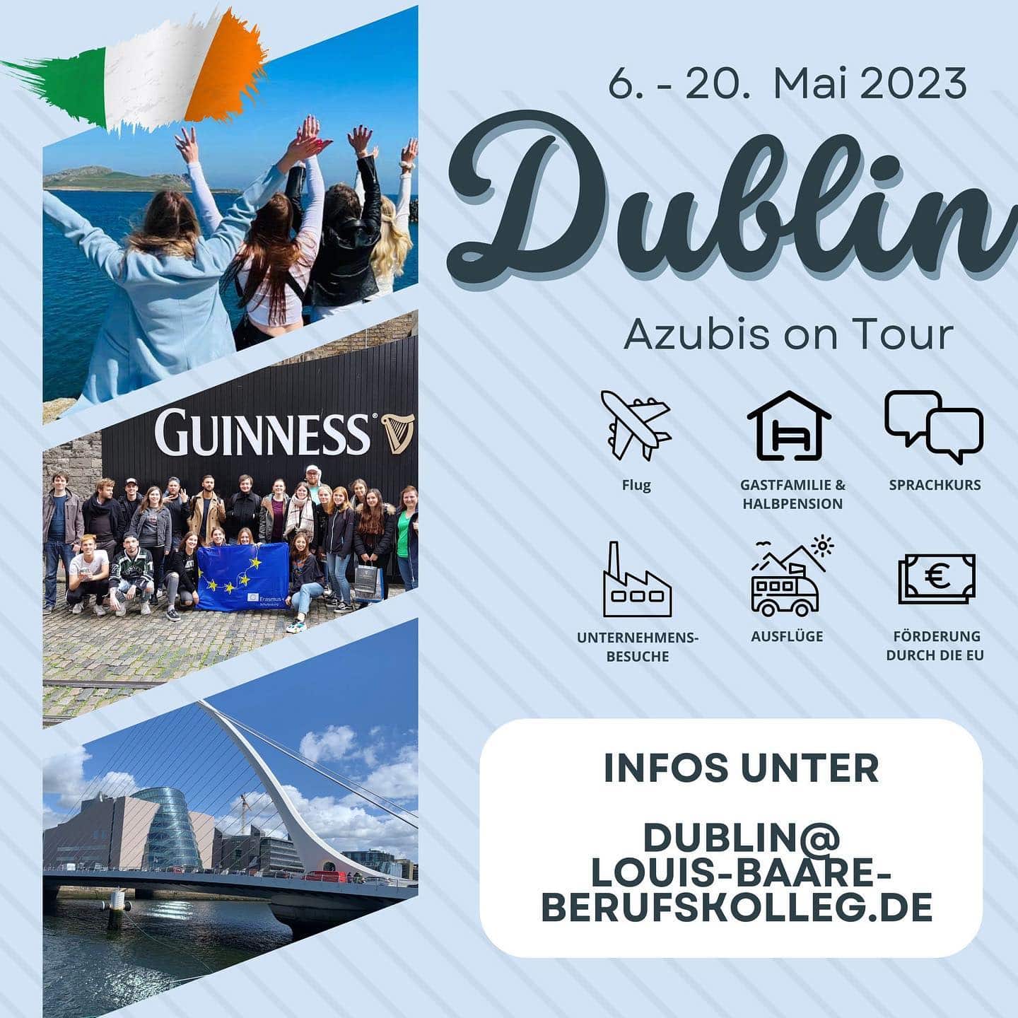 Azubis aufgepasst - Dublin 2023 - Anmeldung ab sofort! 6.-20. Mai 2023 - mit Erasmus+ Stipendium der EU! Näheres unter dublin@louis-baare-berufskolleg.de
#lbbontour #dublin2023 #erasmus